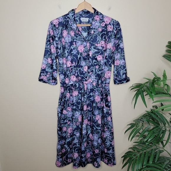 Vintage MCS Ltd. | Navy Pink Lavender Floral Midi Dress with Side Pockets - Picture 1 of 4